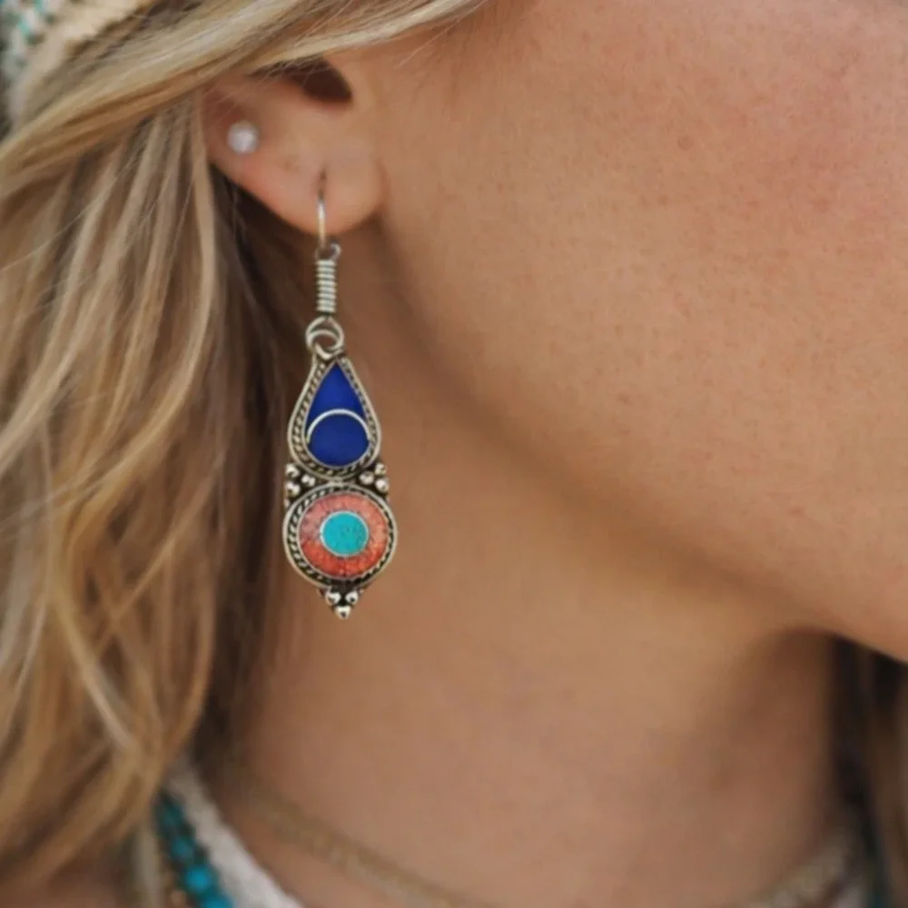 Tibetan Handmade Dangle Earrings Turquoise,‎ red coral, lapis Gemstones #0156